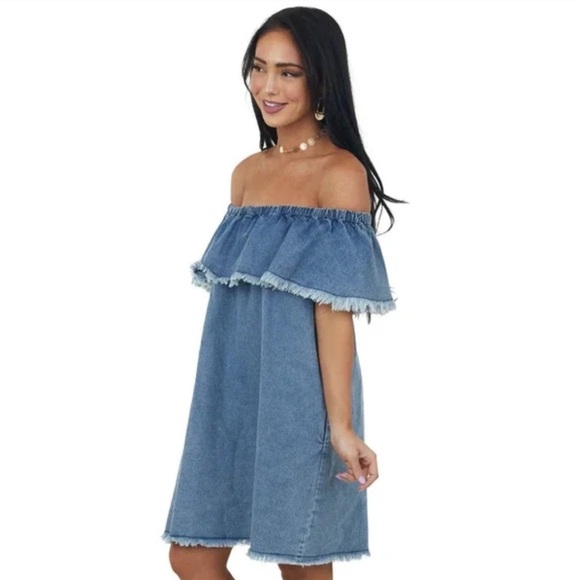 Umgee Blue Denim Fringed Ruffle Off Shoulder Dress Women’s Size Medium - Picture 3 of 10